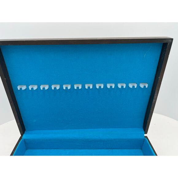 Antique Vintage Wooden Silverware Flatware Chest Blue Fabric Lined Storage Box - Picture 3 of 10